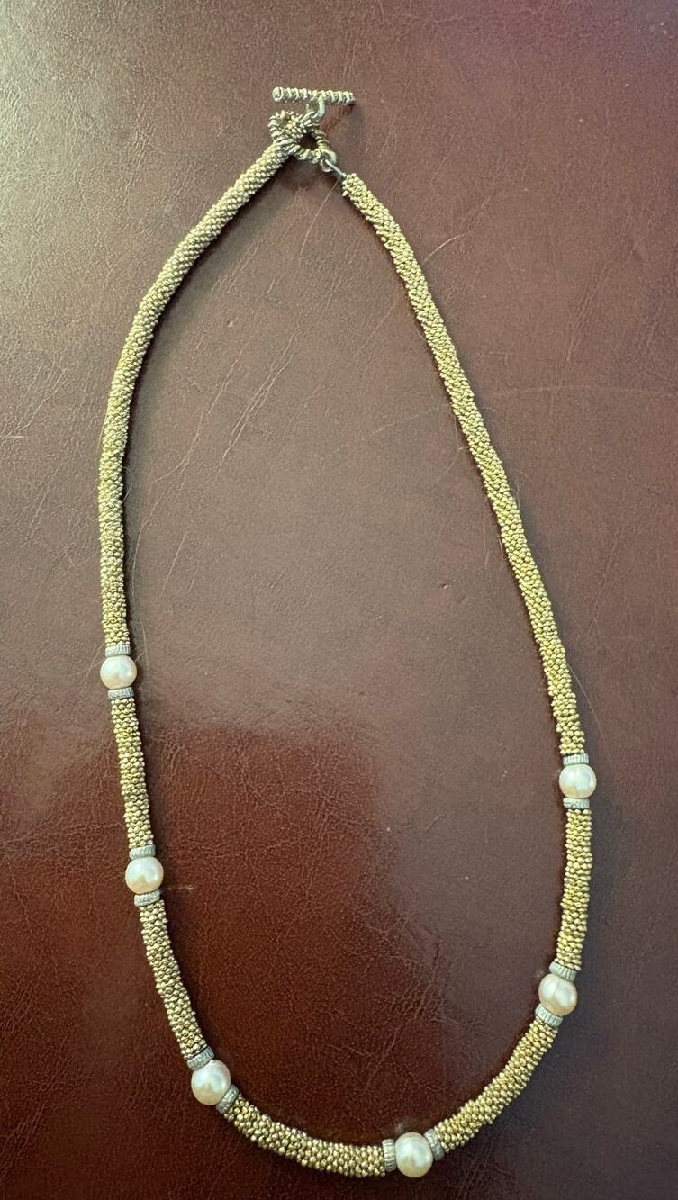 Vintage Gold Tone Woven Wire Beaded Faux Pearl Necklace 14” Toggle Clasp